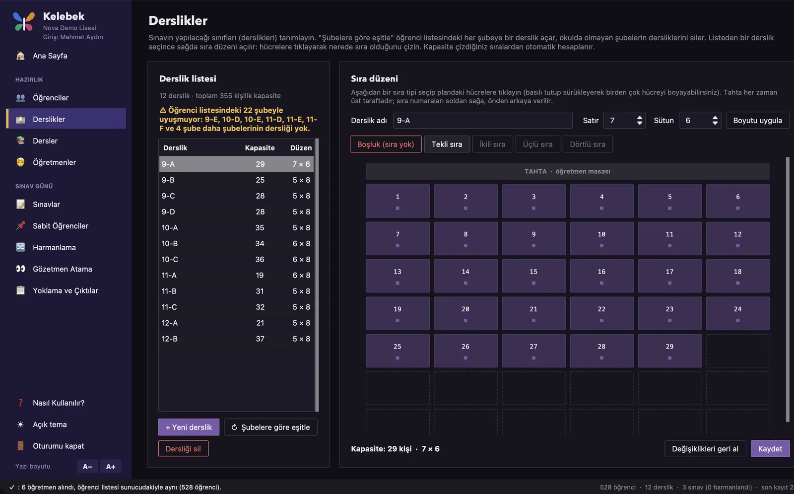 Kelebek sistemi derslik düzeni ekranı